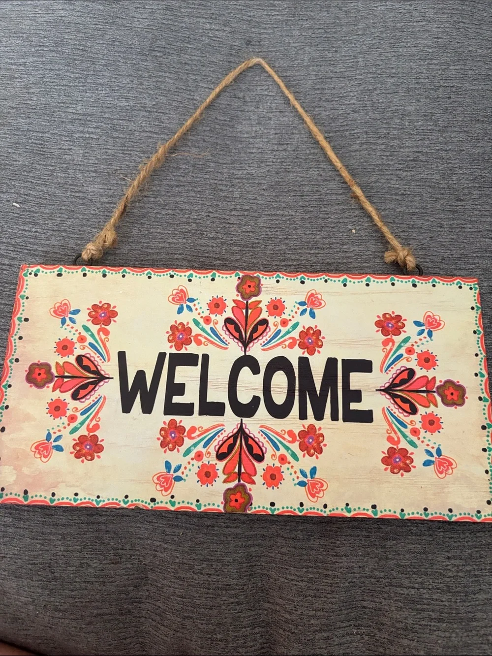 Welcome Floral Hanging Sign - Red and Cream Home Accent